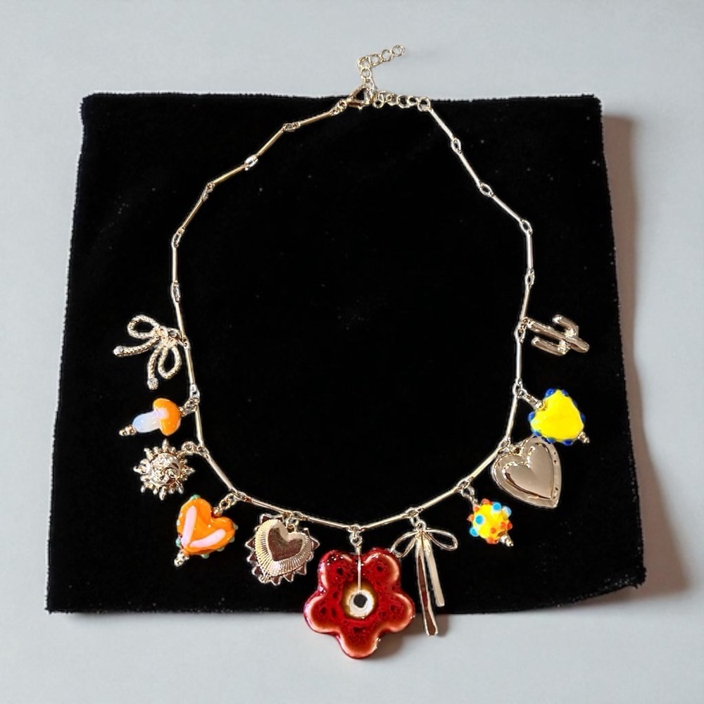 Vibrant Gold Toned Autumn inspired charm necklace Glass Ceramic Enamel charms - Picture 10 of 17